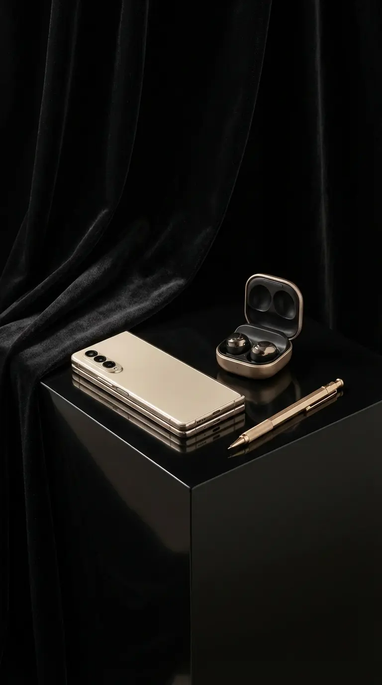 Composition éditoriale premium en noir profond et reflets champagne.