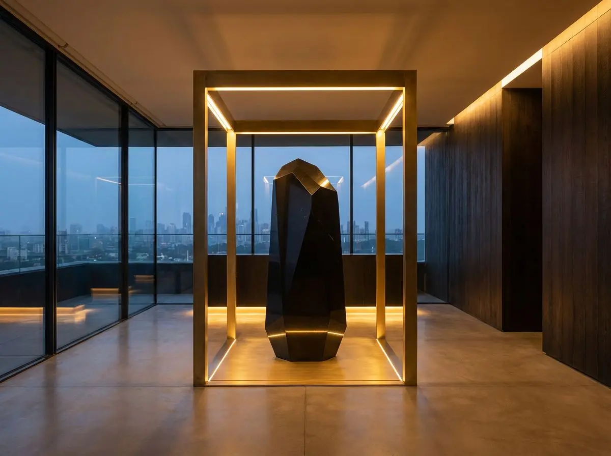 Composition architecturale premium avec monolithe sombre et structure métallique.